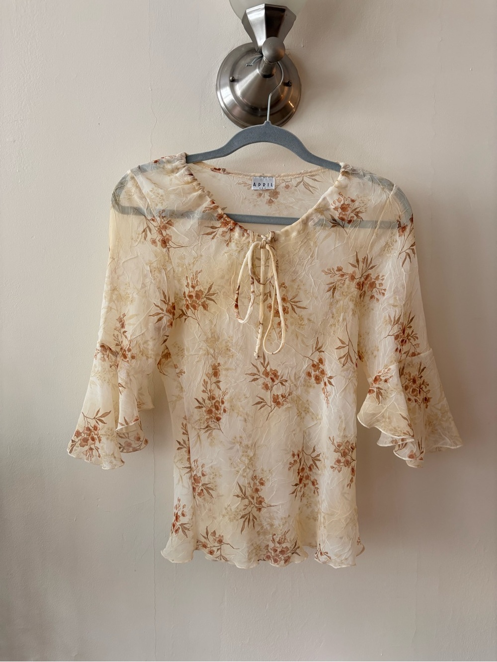 Vintage Apres Sheer Cream Floral Tie-Neck Cottagecore Blouse